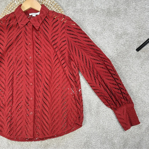 Chico’s Poplin Cutwork Shirt Button Front Longsleeve Lace in Rust Orange Size 6 - Picture 7 of 15